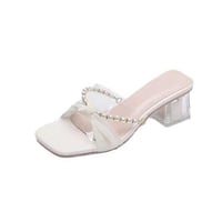 Summer new season transparent sandals with a single strap, thick heels, beaded, and square-toed flip-flops
